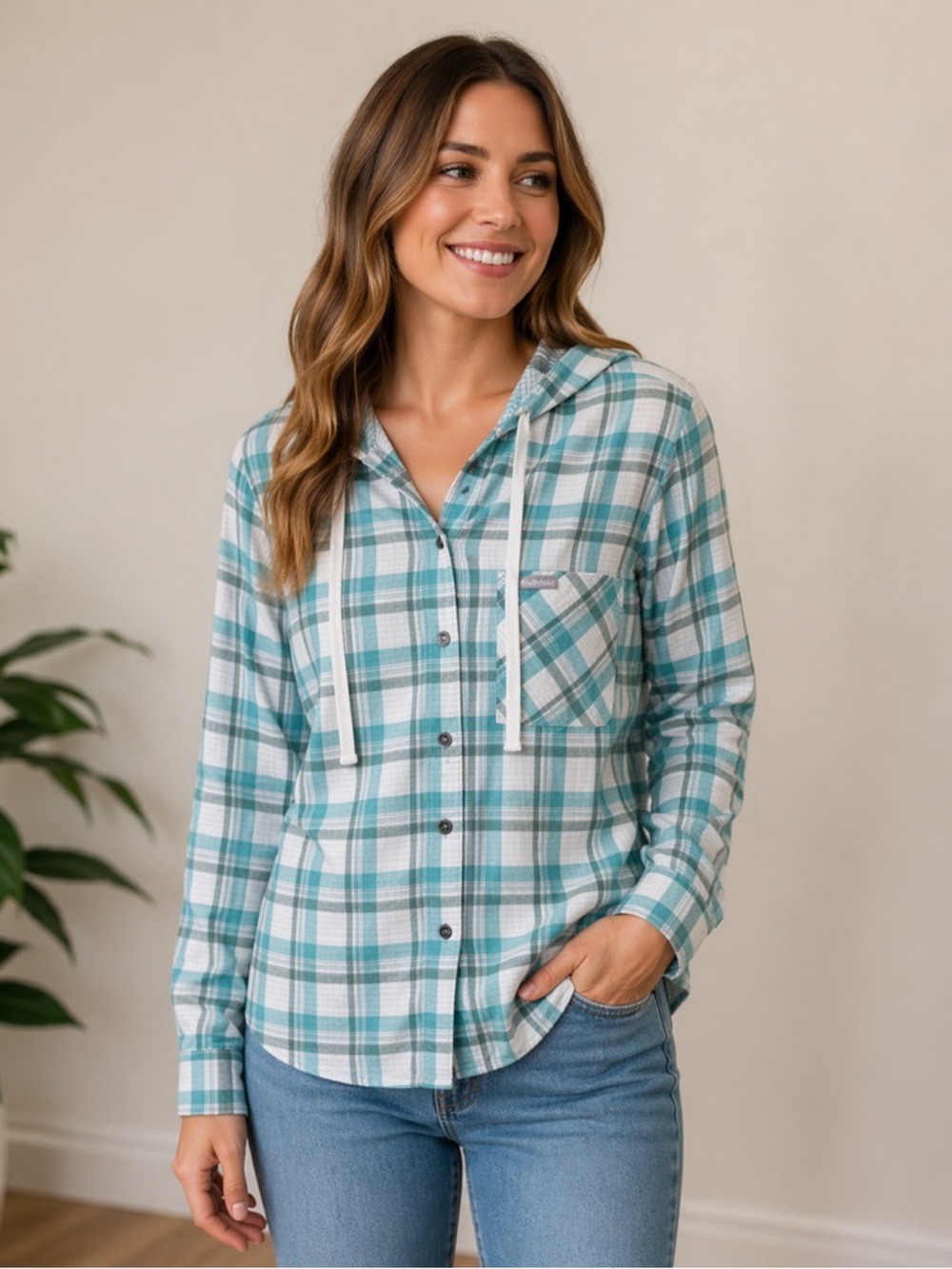 Columbia Teal & White Plaid Hooded Button-Up